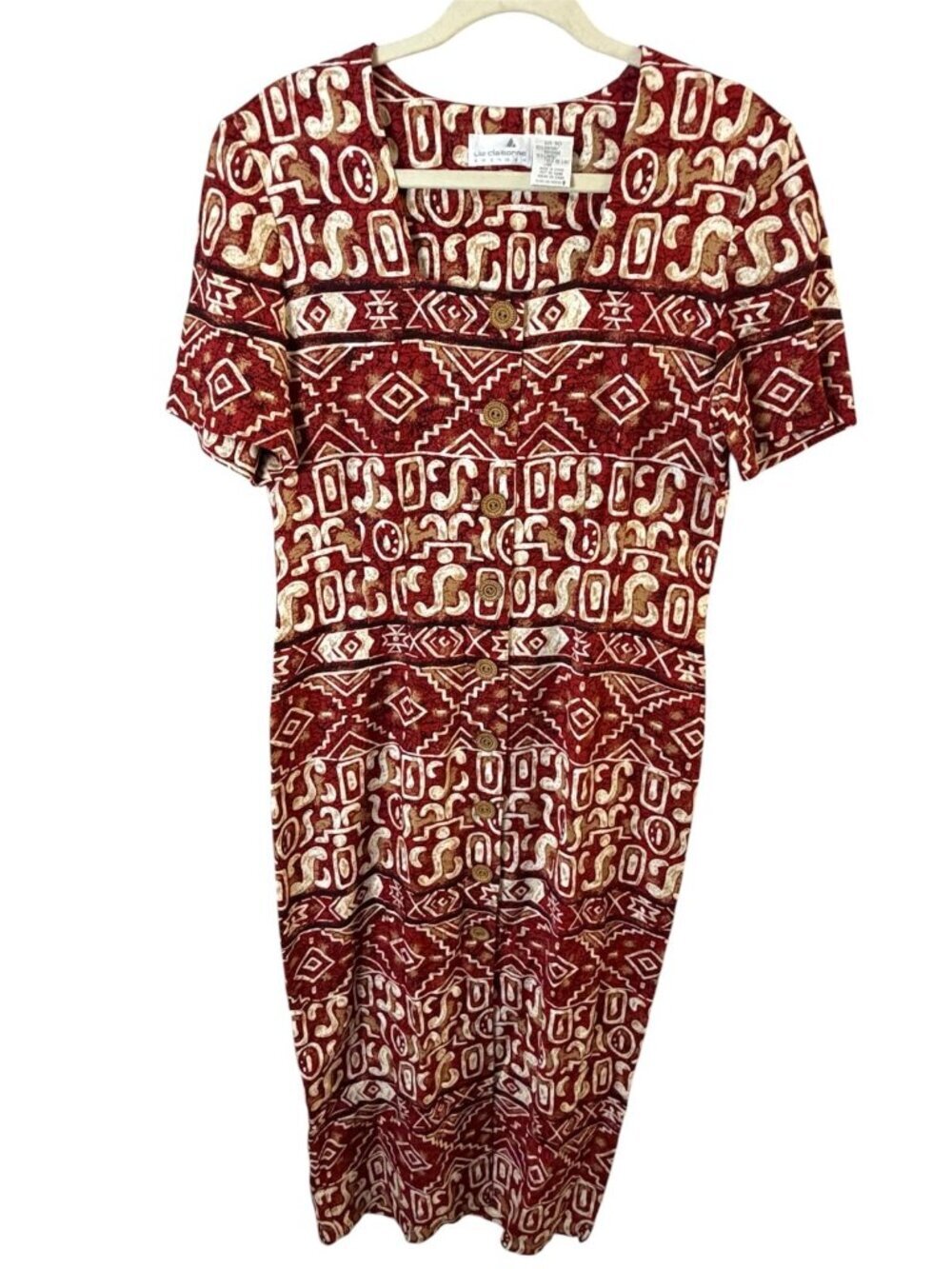 Vintage Liz Claiborne Red & Tan Midi Dress size 10 Maxi Aztec Tribal Boho Grunge